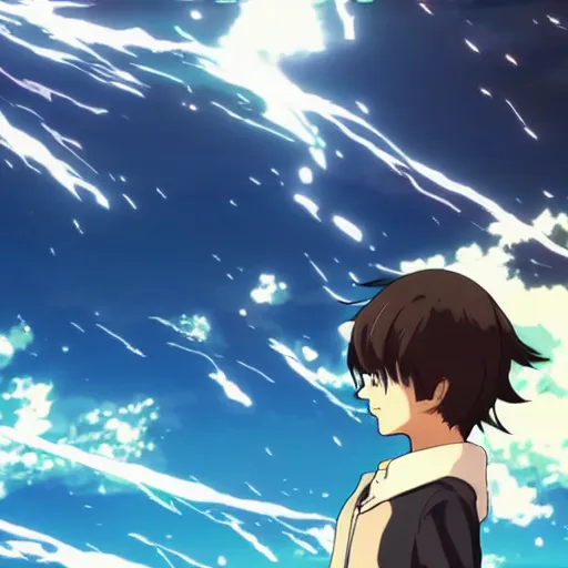 Prompt: epic anime battle brown haired boy summons a tsunami. makoto shinkai. kuvshinov ilya. shigenori soejima.