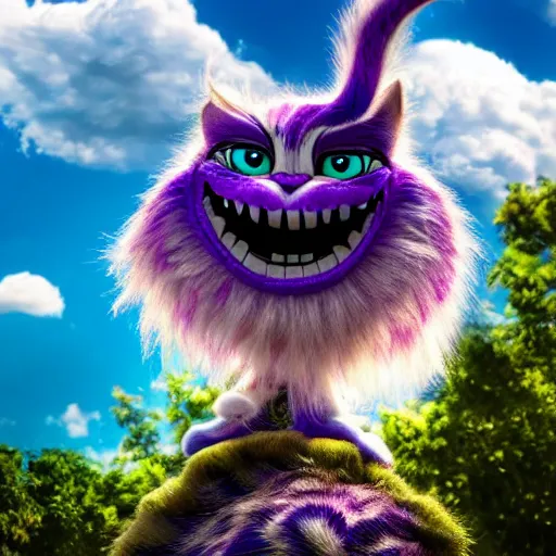 Prompt: the Cheshire cat smiling from a cloud he's sitting on in the sky high level of detail 8k style of LUKE BROWN