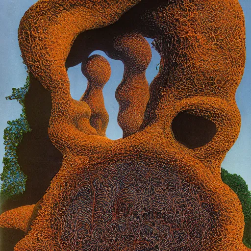 Image similar to surreal gigantic sculptural blobs of lava coming out in smooth bulbous shapes from the front door and lower windows of an elegant three-storey 19th-century house, installation art by Max Ernst and René Magritte reimagined by industrial light and magic