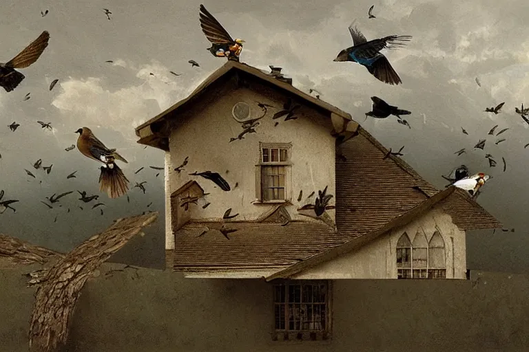 Image similar to a house with birds flying on too of it, insanely detailed, Michael Sowa, 3D rendering