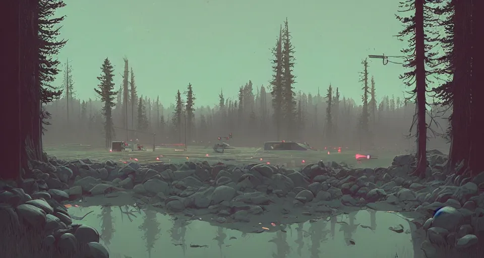 Prompt: A fantastic fores, by simon stalenhag