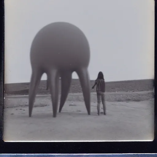 Image similar to an aged polaroid photo of a young woman seen from behind, a gigantic alien monster looms in the distance, detailed clouds, warm azure and red tones, film grain, color bleed