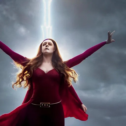 Prompt: high resolution photo of scarlet witch using her powers to levitate, 4 k, award winning photography.