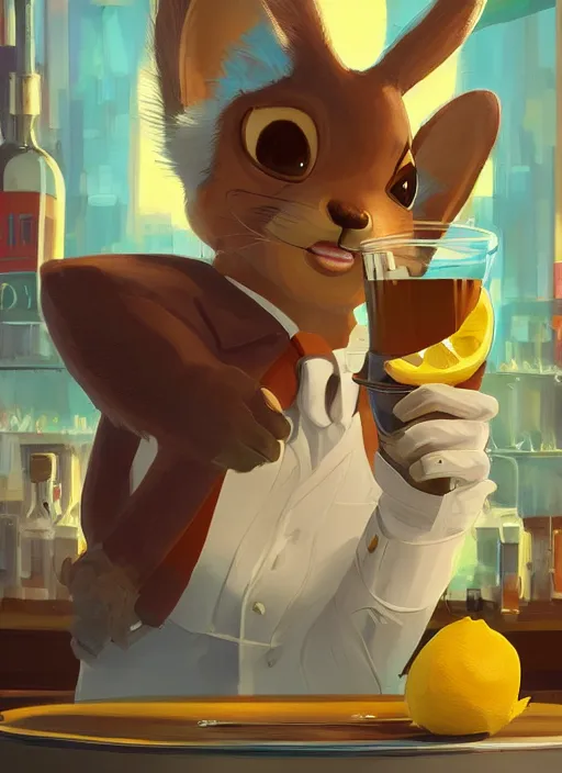 Image similar to squirrel anthro as a dapper bartender with a big, fluffy tail, retro futurism, art deco, detailed painterly digital art by WLOP and Cory Loftis, 🍸🍋, furaffinity, trending on artstation