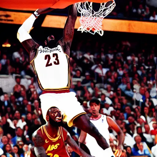 Image similar to baby lebron james dunking in the nba