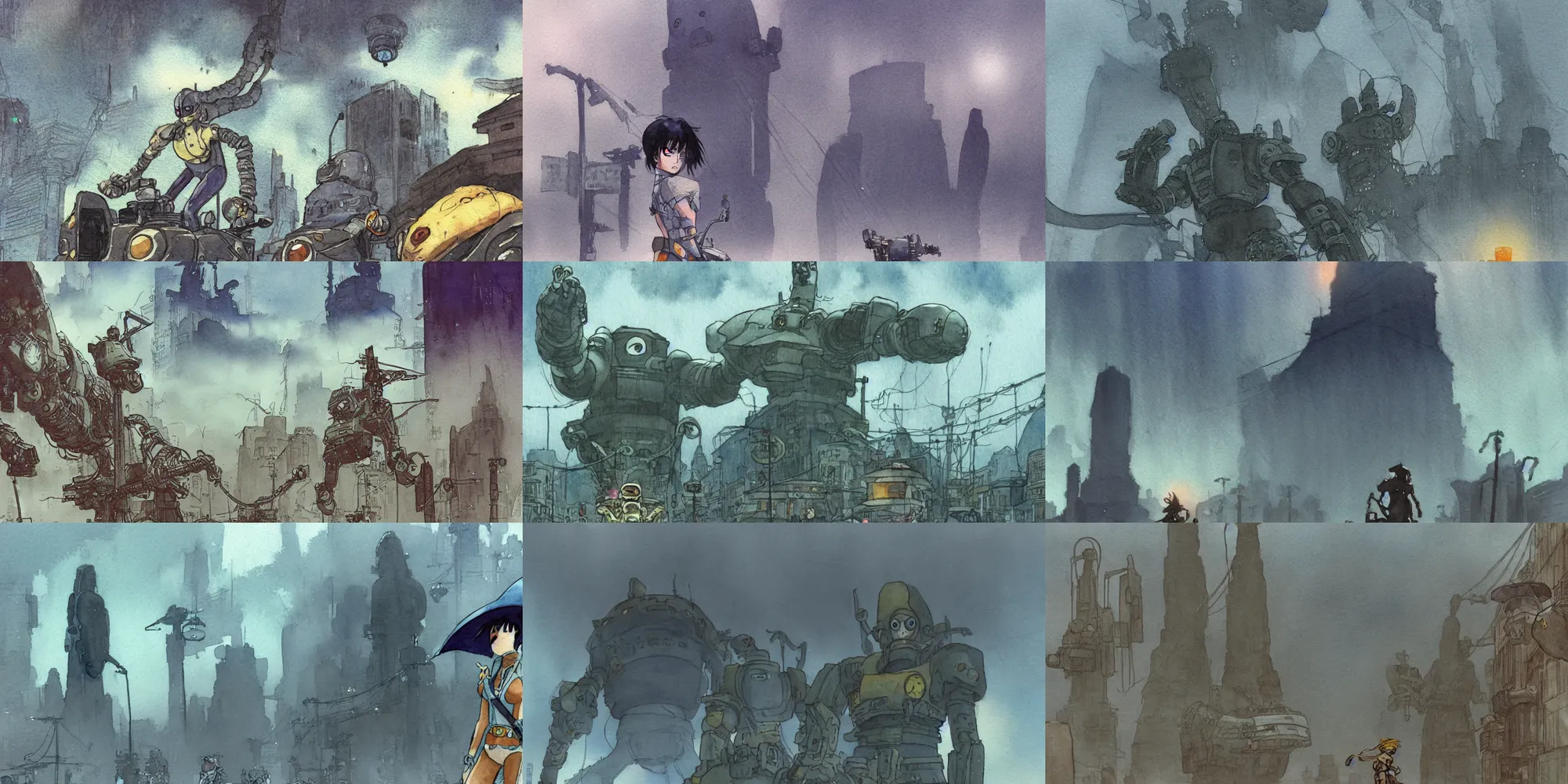 Prompt: incredible screenshot, simple watercolor, paper texture, masamune shirow, nausicaa, kusanagi, close up of marty feldman eyes, emotion, feeling, favorite scene, giant coiling snake machine crushing a skyscraper, giant moai statues, dust, fog, light rain, robot parts, wires, street lights, overhead wires, telephone pole, geoff darrow, phil hale, best lighting, bounce light, shibuya, miyazaki, Akihiko Yoshida, Yoji Shinkawa, bright rim light, hd, 4k, bloom, hdr, remaster, dynamic camera angle, deep 3 point perspective, fish eye, dynamic scene