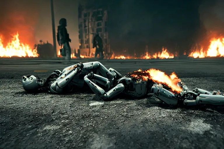 Image similar to vfx film closeup, dead robot couple on the ground holding hands, city street tire tracks fire. flat color profile low - key lighting award winning photography arri alexa cinematography, hyper real photorealistic cinematic atmospheric cool colorgrade