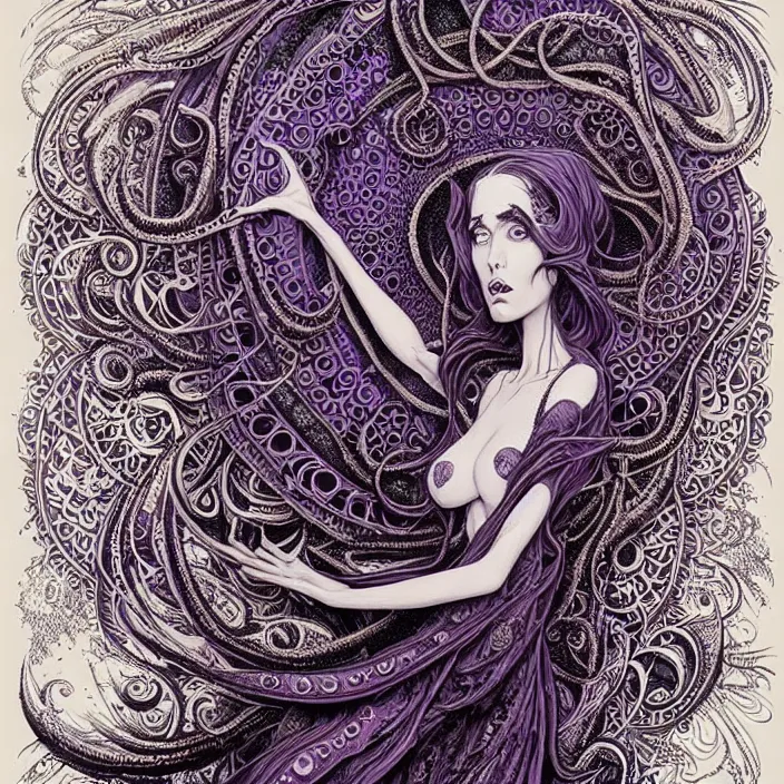 Image similar to depicting a highly detailed beautiful lovecraftian female priestess, in the style of joe fenton, dynamic energetic pose, exuberant organic elegant forms, perfect face, pale skin, by dan hillier : : 1. 4 purple, red, blue, green, black intricate mandala explosions : : intuit art : : turbulent water backdrop : : damask wallpaper : : atmospheric