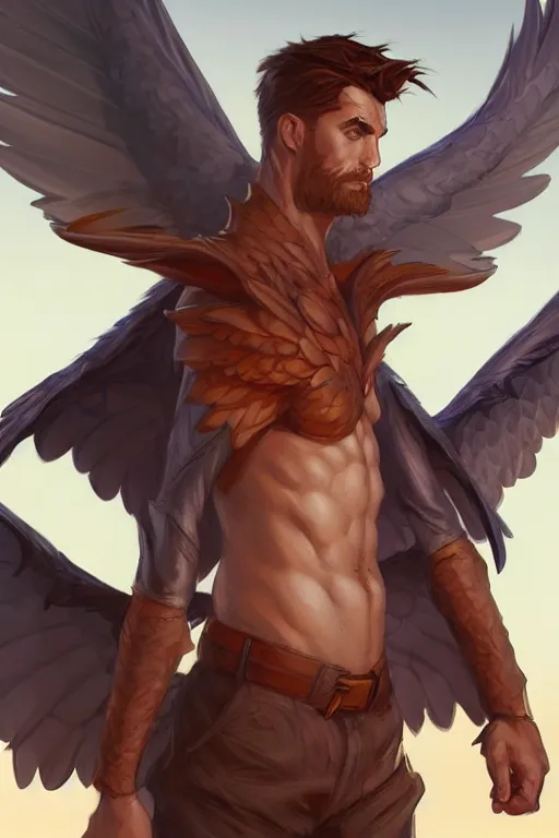 Image similar to character art by wlop, steve henderson, and j scott campbell, gooseman, male hero, goose head, wings, 4 k, arstation, trending, high quality, very detailed, digital