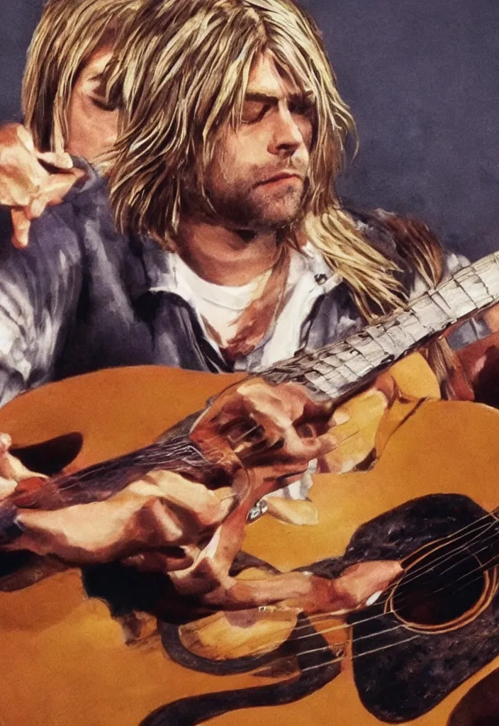 Image similar to Kurt Cobain playing the guitar, photorealistic, detailed, 4K