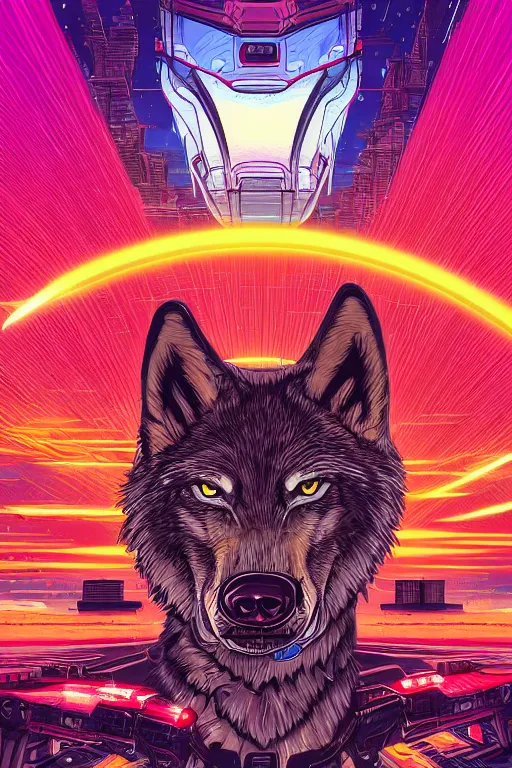 Image similar to a portrait of a wolf with thunders in the sky in a future cybernetic city, outrun style and colours, trending on arstation, by dan mumford, by ross tran