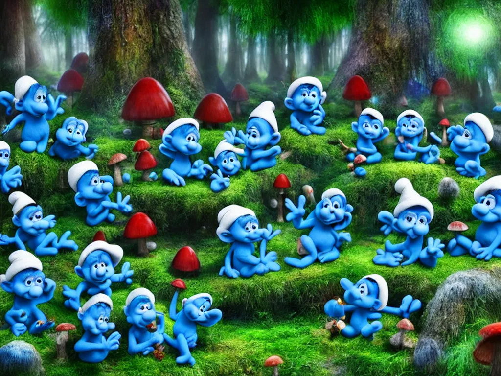 Image similar to smurfs partying in the enchanted forest in their magic mushroom town, photorealistic painting, cgi, low volumetric light, movie still, very cute and cozy and fluffy and sweet