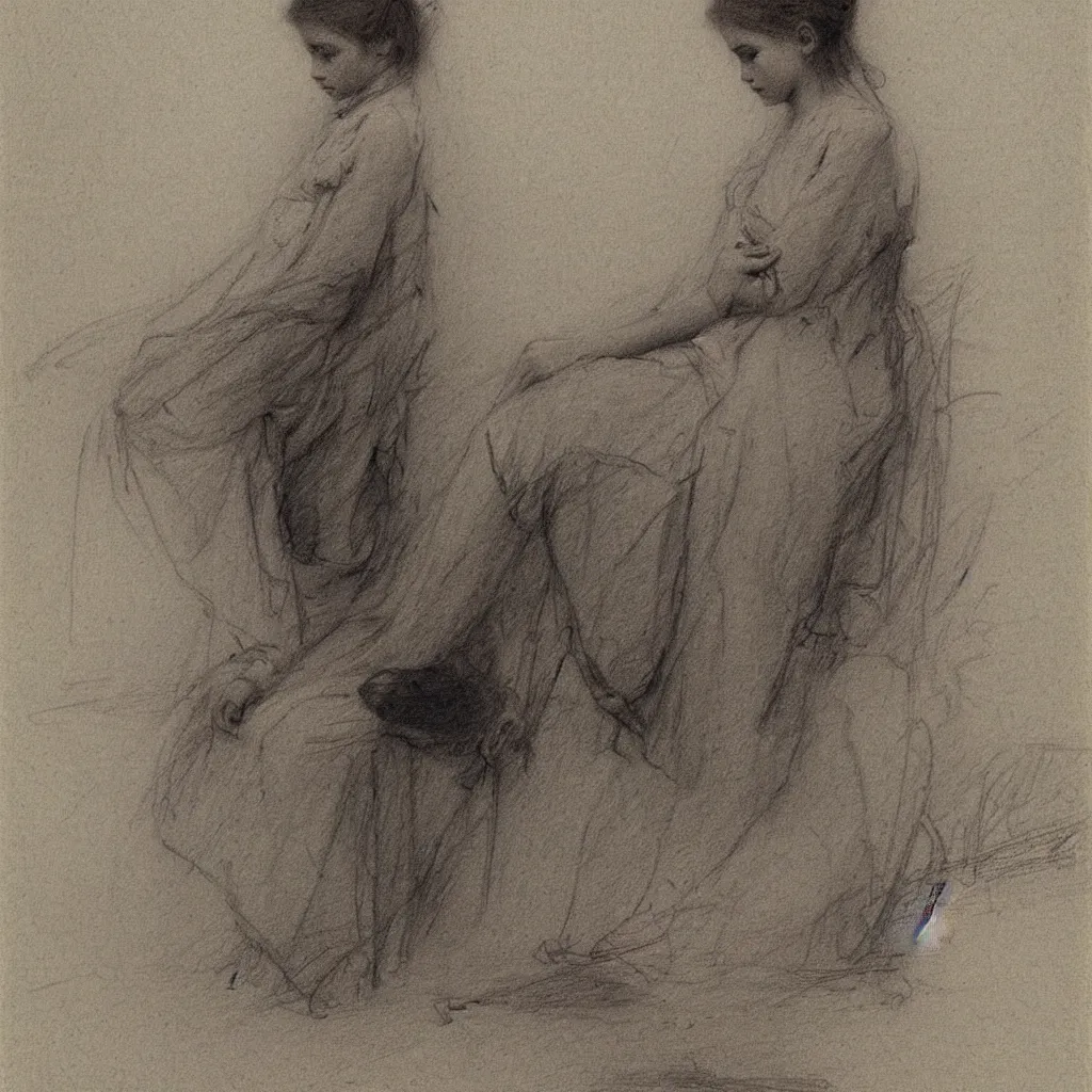 Image similar to a lonely girl by ilya repin. pencil sketch.