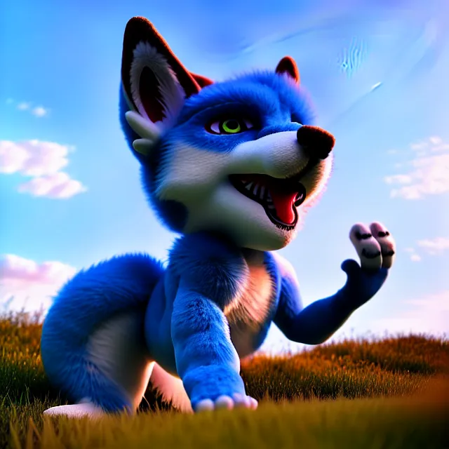 Image similar to a spherical anthropomorphic male blue dragon fursona being rolled up a hill, anthropomorphic male brown husky fursona, furry, round, sphere, 3 d render, unreal engine 5, octane render, soft colors, vivid, cute, 1 6 k