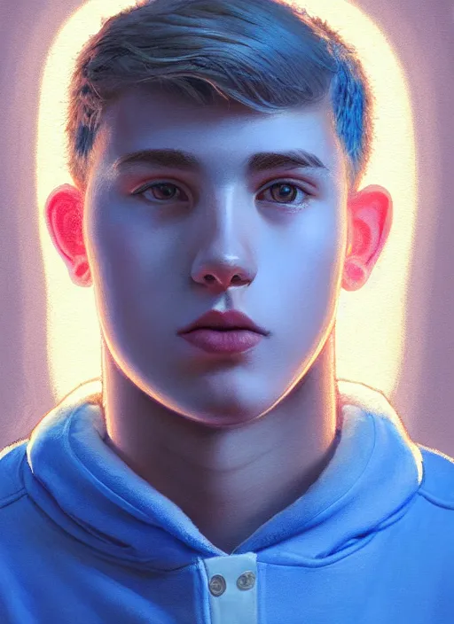 Image similar to portrait of high school senior boy named big moose, blonde short hair, jock, beefy, wide face, square jaw, square facial structure, blue varsity jacket with letter r, intricate, elegant, glowing lights, highly detailed, digital painting, artstation, concept art, sharp focus, illustration, art by wlop, mars ravelo and greg rutkowski