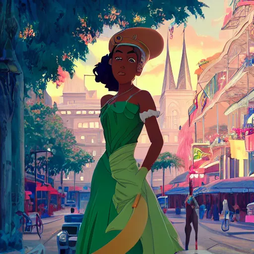 Image similar to portrait of princess tiana, 1920's new orleans background, rich vivid colors, ambient lighting, dynamic lighting, 4k, official media, anime key visual, makoto shinkai, ilya kuvshinov, lois van baarle, rossdraws, detailed, trending on artstation