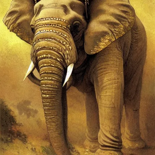 Image similar to srilankan elephant with high - teh steampunk armour baroque style, painting by gaston bussiere, craig mullins, j. c. leyendecker, lights, art by ernst haeckel, john william godward, hammershøi,