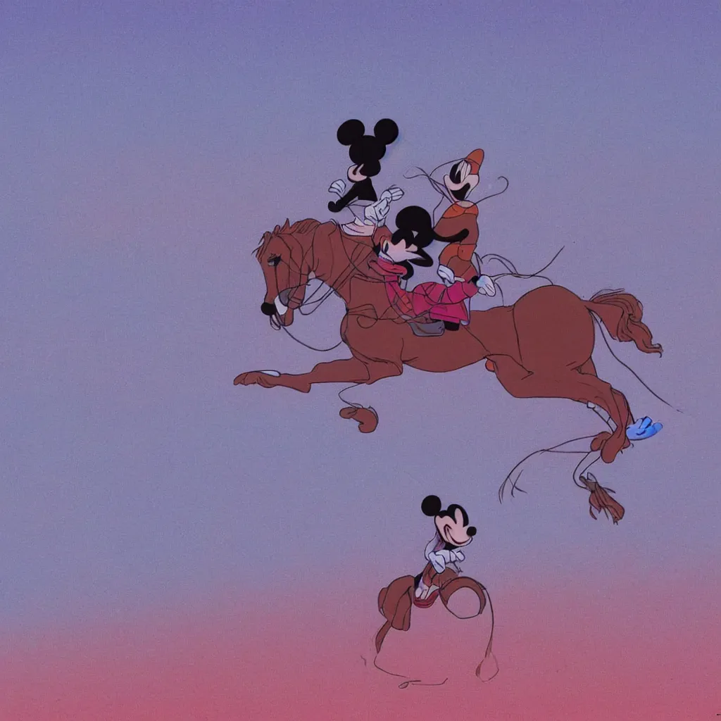 Prompt: Mickey Mouse riding a horse in a desert, pink sky, high definition, by Moebius