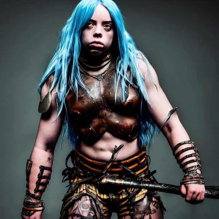 Image similar to full length photo of billie eilish as an muscular amazon warrior, highly detailed, 4 k, hdr, smooth, sharp focus, high resolution, award - winning photo