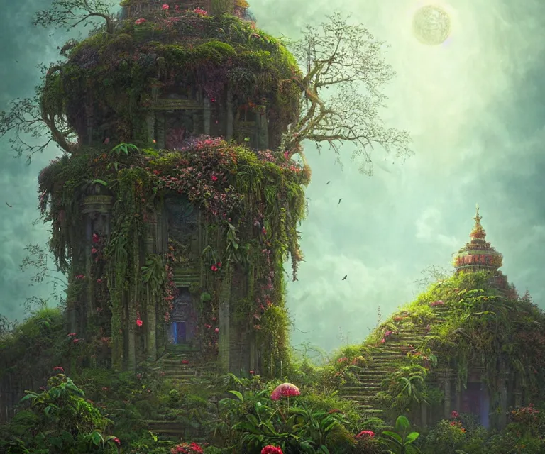 Image similar to Overgrown fantasy temple in the clouds, fantasy art by ferdinand knab, intricately detailed, overgrowth, flowers, radiant warm light, alena aenami