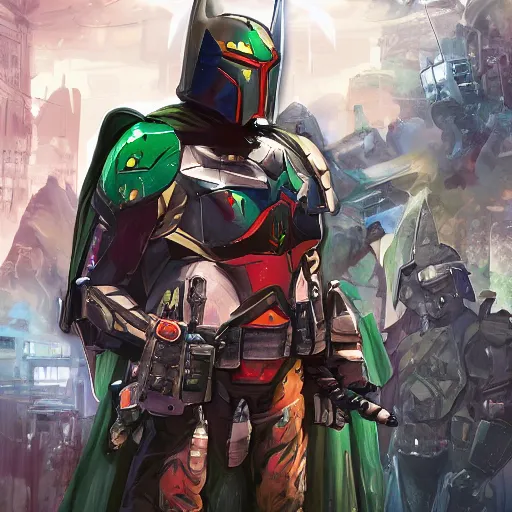 Image similar to batman x boba fett, digital art, character mashup, epic lighting, combination art