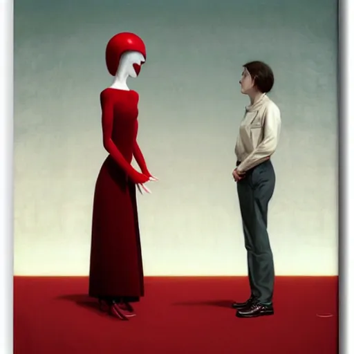 Image similar to a naive woman talks to a phantasmagoric robot, red room from twin peaks, oil on canvas anime poster by Stina Persson and Aron Wiesenfeld