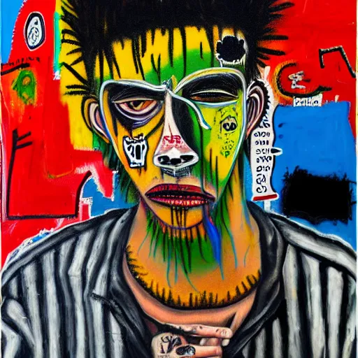 Image similar to detailed neo expressionism chaotic oil painting of sad boy rapper depressed with tattoos by basquiat