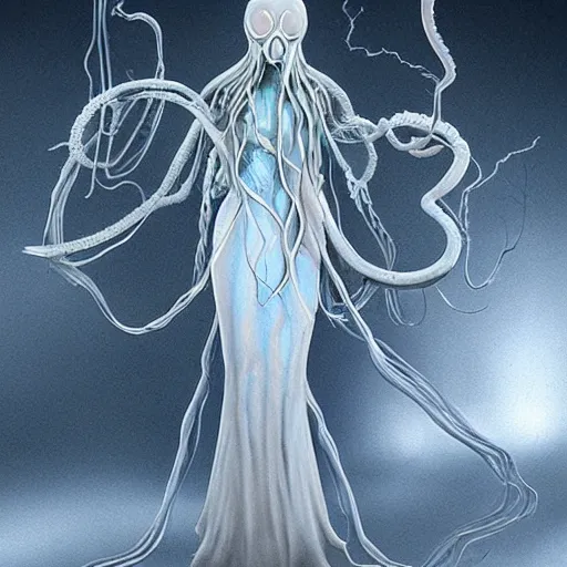 Image similar to concept designs for an ethereal wraith like figure with a squid like parasite latched onto its head and long tentacle arms that flow lazily but gracefully at its sides like a cloak while it floats around a forgotten kingdom in the snow searching for lost souls and that hides amongst the shadows in the trees, this character has hydrokinesis and electrokinesis for the resident evil village video game franchise with inspiration from the franchise Bloodborne and the mind flayer from stranger things on netflix