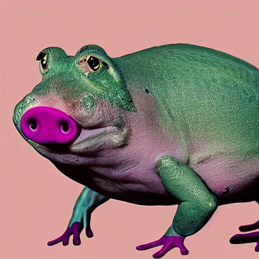 Prompt: Pig and Frog Hybrid creature, 4k, hyperrealistic, secret, lab photograph