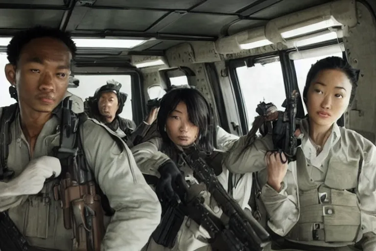 Image similar to movie diverse interracial team of Japanese robbers armed with rifles interior clean futuristic tactical van, beautiful skin, Symmetrical faces. natural lighting by Emmanuel Lubezki