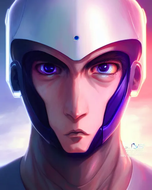 Image similar to portrait of a male friendly and peacful transhuman in anime and cyberpunk style, robotic face, realistic shaded lighting, magali villeneuve, artgerm, rutkowski