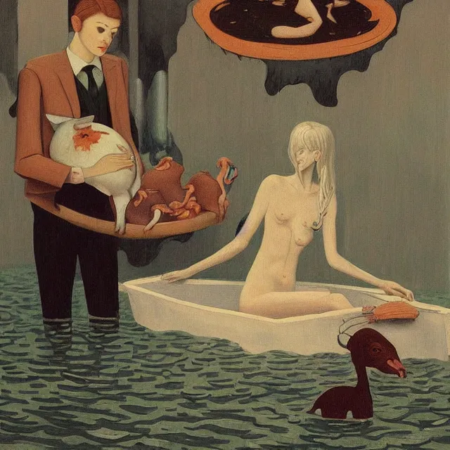 Image similar to tall female emo artist holding a pig in her flooded apartment, mushrooms, octopus, water gushing from ceiling, painting of flood waters inside an artist's apartment, a river flooding indoors, pomegranates, pigs, ikebana, zen, river, rapids, waterfall, black swans, canoe, berries, acrylic on canvas, surrealist, by magritte and monet