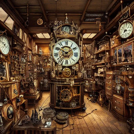 Prompt: interior of a cluttered steampunk clock shop, father time tinkering, wooden grandfather clocks everywhere, realistic, very intricate hyper detailed masterpiece by wlop
