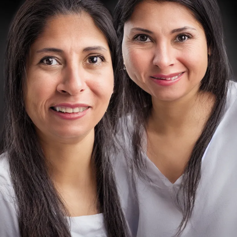 Image similar to Modern Venezuelan professor woman portrait slight smile, twinkling eyes highly detailed hyper realistic photo on black background