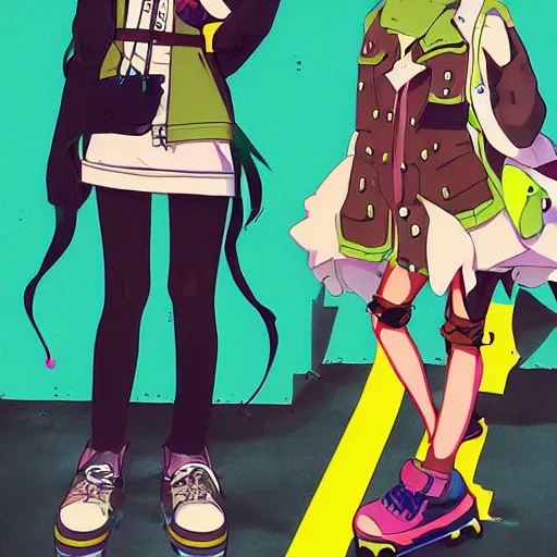 Image similar to anime girl with eccentric clothes, eccentric hairstyle, cel - shading, 2 0 0 1 anime, flcl, jet set radio future, golden hour, underground facility, underground tunnel, pipes, rollerbladers, rollerskaters, cel - shaded, jsrf, strong shadows, vivid hues, y 2 k aesthetic