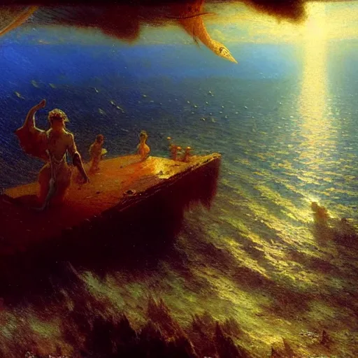 Image similar to point of view of deep in the ocean looking up, you see fishes, higher the milk way, night time, midnight. highly detailed painting by gaston bussiere, greg rutkowski 8 k