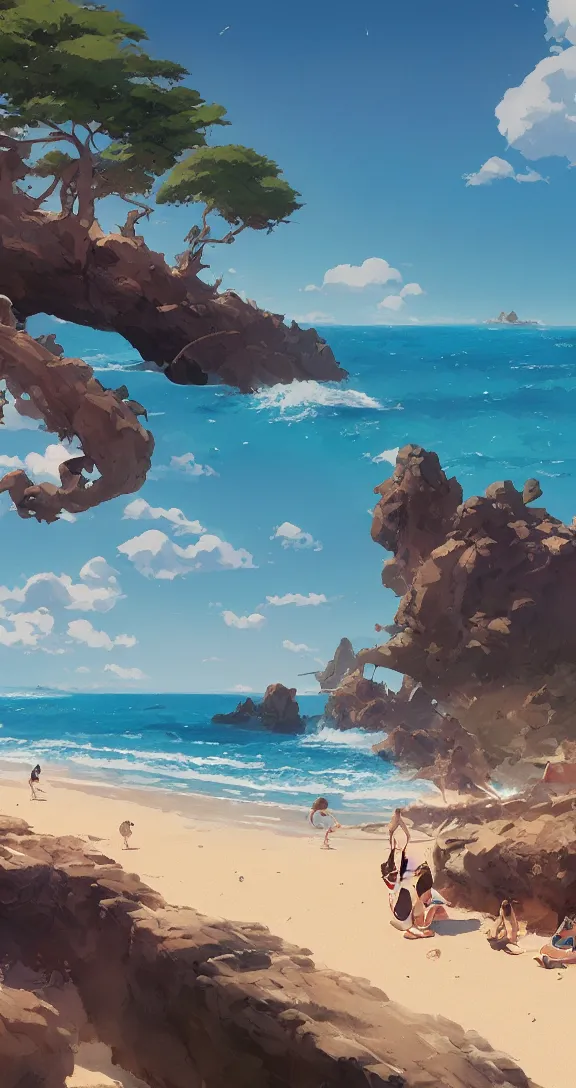 Prompt: Sunbathing at the beach, lots of ocean, very vertical, tropical, bright, simple, by Studio Ghibli and Greg Rutkowski, artstation