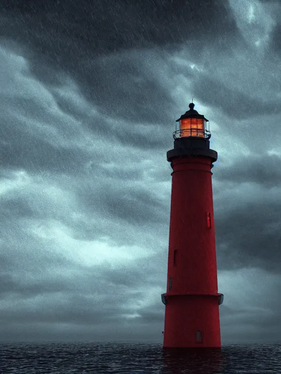 Image similar to photo of 8k ultra realistic lighthouse on island, heavy rain, ,lightning storm, boat lights in distance, night, light shining, heavy seas, full of colour, cinematic lighting, battered, trending on artstation, 4k, hyperrealistic, focused, extreme details,unreal engine 5, cinematic, masterpiece, art by studio ghibli