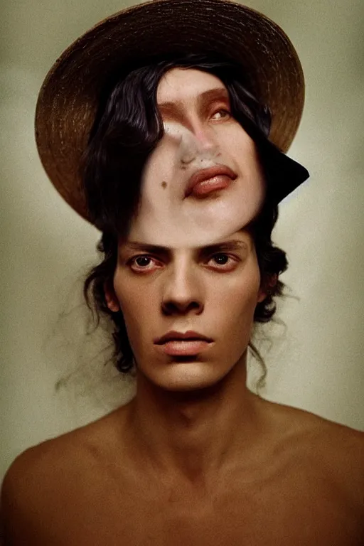 Image similar to hyperrealism close - up fashion portrait by roversi photo from the holy mountain by alejandro jodorowsky in style of francisco goya