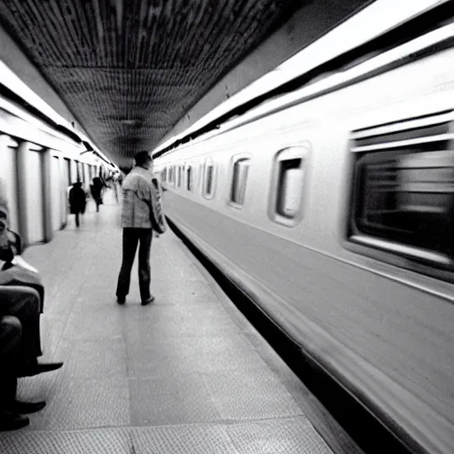 Image similar to a velociraptor riding the subway, new york, 1 9 9 0