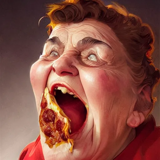 Prompt: portrait of evil grandma opening his mouth to eat pizza, highly detailed, digital painting, artstation, concept art, sharp focus, illustration, art by artgerm and greg rutkowski and alphonse mucha