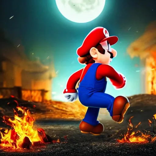 Prompt: Mario running away from the fire he set to the hospital , highly detailed, lifelike, photorealistic, sharp focus, intricate details, A24!film cinematography, unreal engine, cinematic, hyper realism, high detail, stars in sky, stars, moon,
