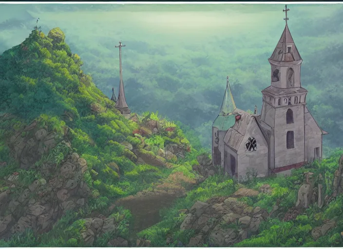 Image similar to view of a catholic church on a forested mountain, in the style of studio ghibli, distant, detailed, artstation, award winning painting,