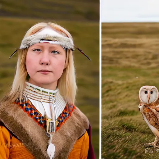 Image similar to symmetry!! portrait photograph of an extremely beautiful!!!! young blonde female with symmetric face. with a very detailed barn owl!!!!! on her shoulder. wearing traditional greenlandic national costume or kalaallisuut. in iceland. petzval lens. shallow depth of field. polaroid featured on flickr, art photography,