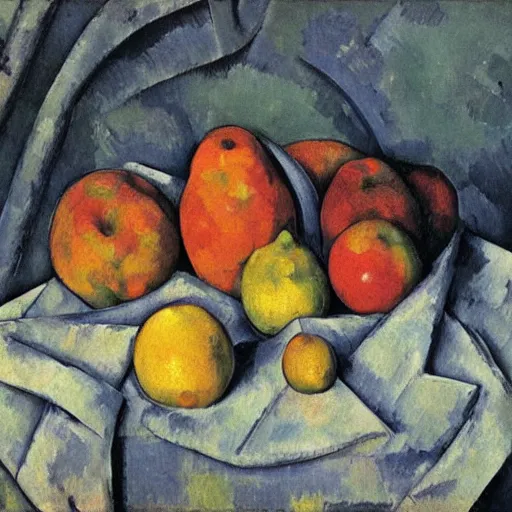 Image similar to still life of fruits, placenta, air fryer by Cezanne