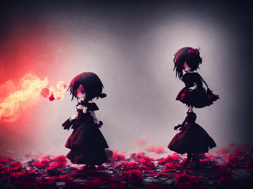 Image similar to cute fumo plush of a gothic maiden girl clutching lots of decayed roses, stale twilight, swirling vortices of emissive smoke and volumetric fog over the river, bokeh, vignette, vray