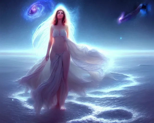 Prompt: a lone beautiful ethereal spirit floating - walking along the shimmering crystalline shores of eternity, universe and planets and stars in the sky, unusual surreal, gorgeous artwork by artgerm, rtukowski, wlop, detailed, dramatic lighting