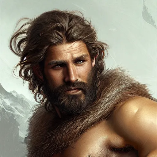 Image similar to portrait of a young rugged male barbarian, handsome, upper body, hairy torso, D&D, muscular, fantasy, intricate, elegant, highly detailed, digital painting, artstation, concept art, smooth, sharp focus, illustration, art by artgerm and greg rutkowski and alphonse mucha