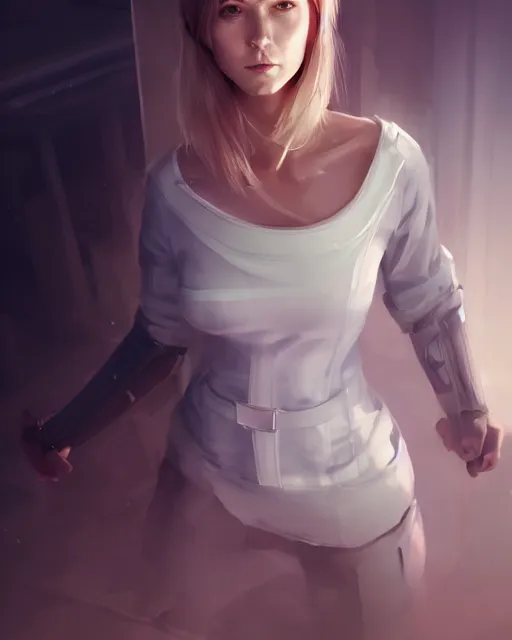 Image similar to beautiful nordic woman wearing futuristic nurse outfit, beautiful, detailed portrait, cell shaded, 4 k, concept art, by wlop, ilya kuvshinov, artgerm, krenz cushart, greg rutkowski, pixiv. cinematic dramatic atmosphere, sharp focus, volumetric lighting, cinematic lighting, studio quality