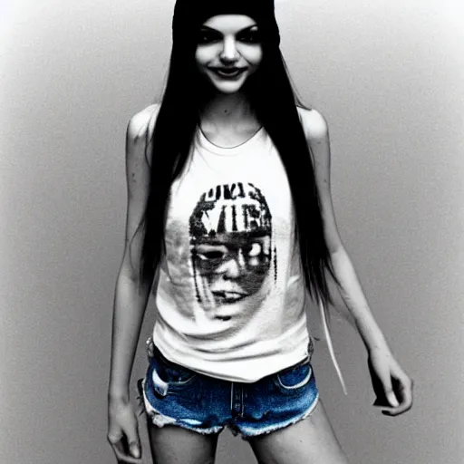 Image similar to aged film still taken of albino Victoria Justice dressed in a Nirvana tank-top and blue short shorts while she thinks a memory she thought she had but the memory was from the mind of the King of razor blades, Pinterest filter, complex detail added after taking the film still at 16K resolution, amazingly epic visuals, epically luminous image, amazing lighting effect, image looks gorgeously crisp as far as it's visual fidelity goes, absolutely outstanding image, perfect film clarity, amazing film quality, iridescent image lighting, mega-beautiful pencil shadowing, 16k upscaled image, soft image shading, crisp image texture, intensely beautiful image, large format picture, it's a great portrait of the highest quality, great Pinterest photo, Vogue portrait is masterfully lit, intricate, elegant, highly detailed, smooth, sharp focus, award-winning, masterpiece, in the style of Tom Bagshaw, Cedric Peyravernay, Peter Mohrbacher